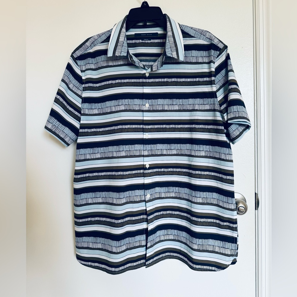 Perry Ellis Blue and White Striped Casual Shirt, XL 🦋
